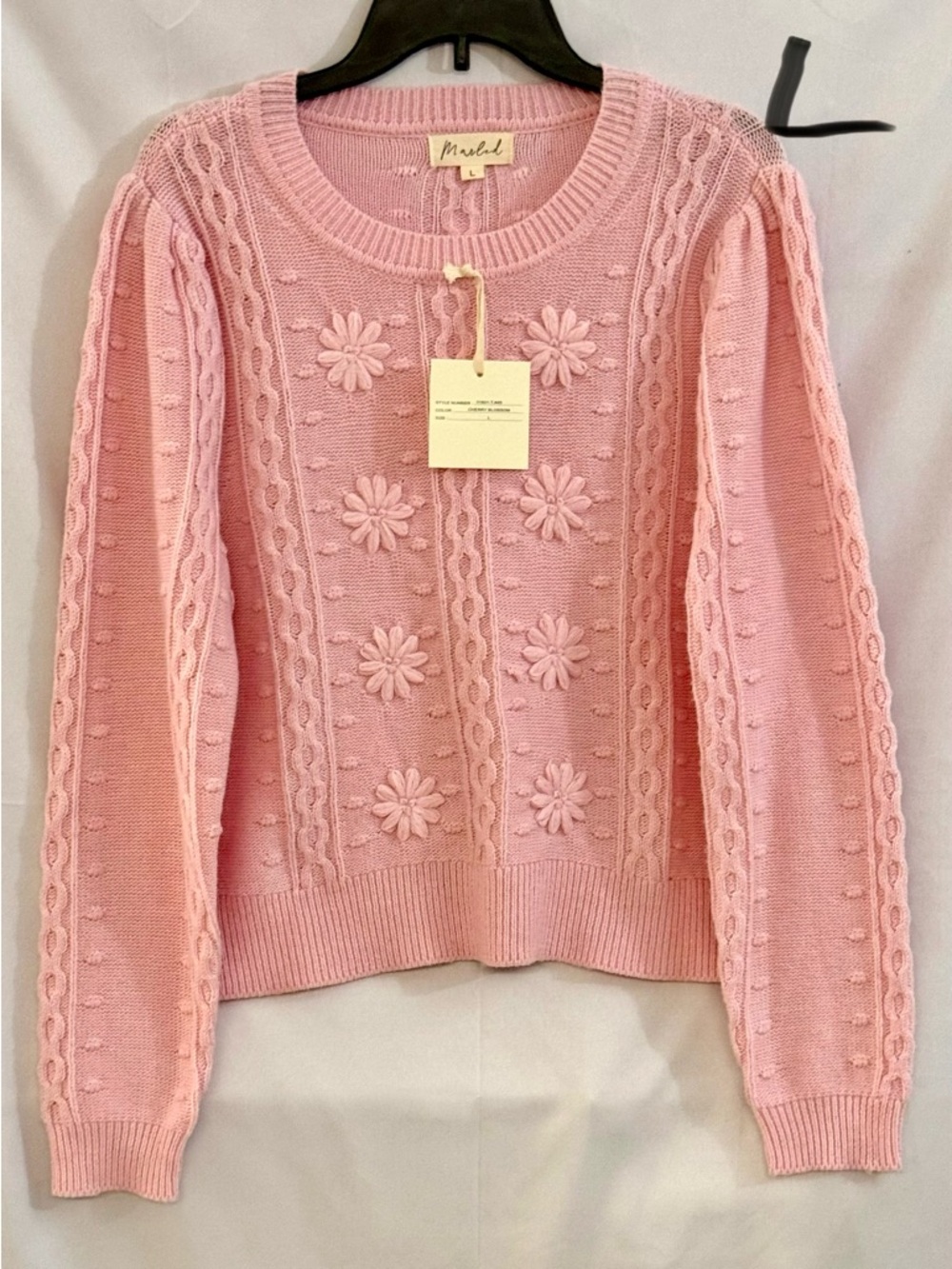 Marled Light Pink Daisy Cable-Knit Crew Sweater